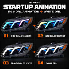 2012-2015 Honda Civic 9th Gen LED Triple Projector Headlights Assembly — Pair — Four stage RGB startup to white DRL sequence — H-CIV12-3P-RGB