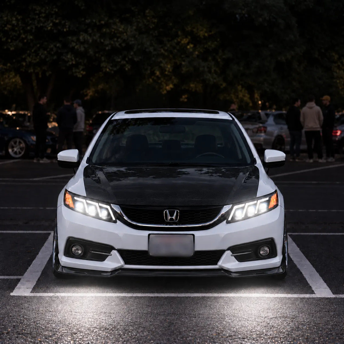 2012-2015 Honda Civic 9th Gen LED Triple Projector Headlights Assembly — Pair — White Civic headlights at car meet — H-CIV12-3P-RGB