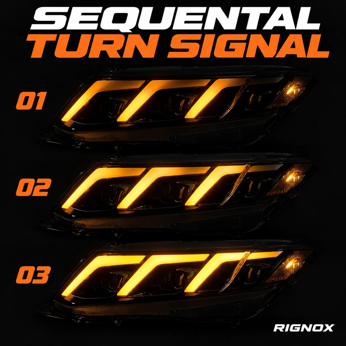 2012-2015 Honda Civic 9th Gen LED Triple Projector Headlights Assembly — Pair — three-stage amber sequential signal — H-CIV12-3P