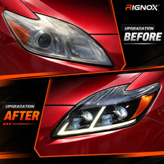 2012-2015 Toyota Prius (XW30) LED Projector Headlights Assembly — Pair — Before and after headlight comparison — H-PRI12-D