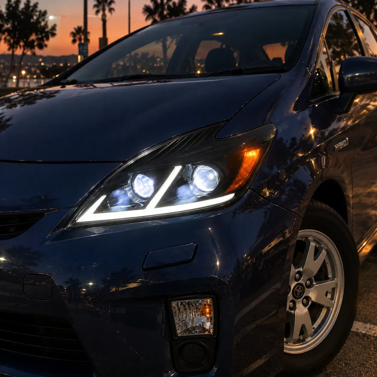 2012-2015 Toyota Prius (XW30) LED Projector Headlights Assembly — Pair — Headlights on at dusk — H-PRI12-D