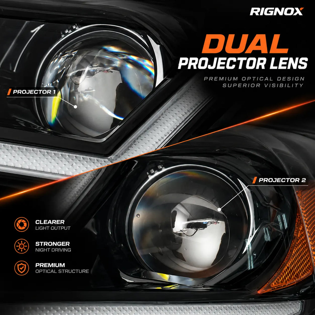 2012-2015 Toyota Prius (XW30) LED Projector Headlights Assembly — Pair — Dual projector lens close-up — H-PRI12-D