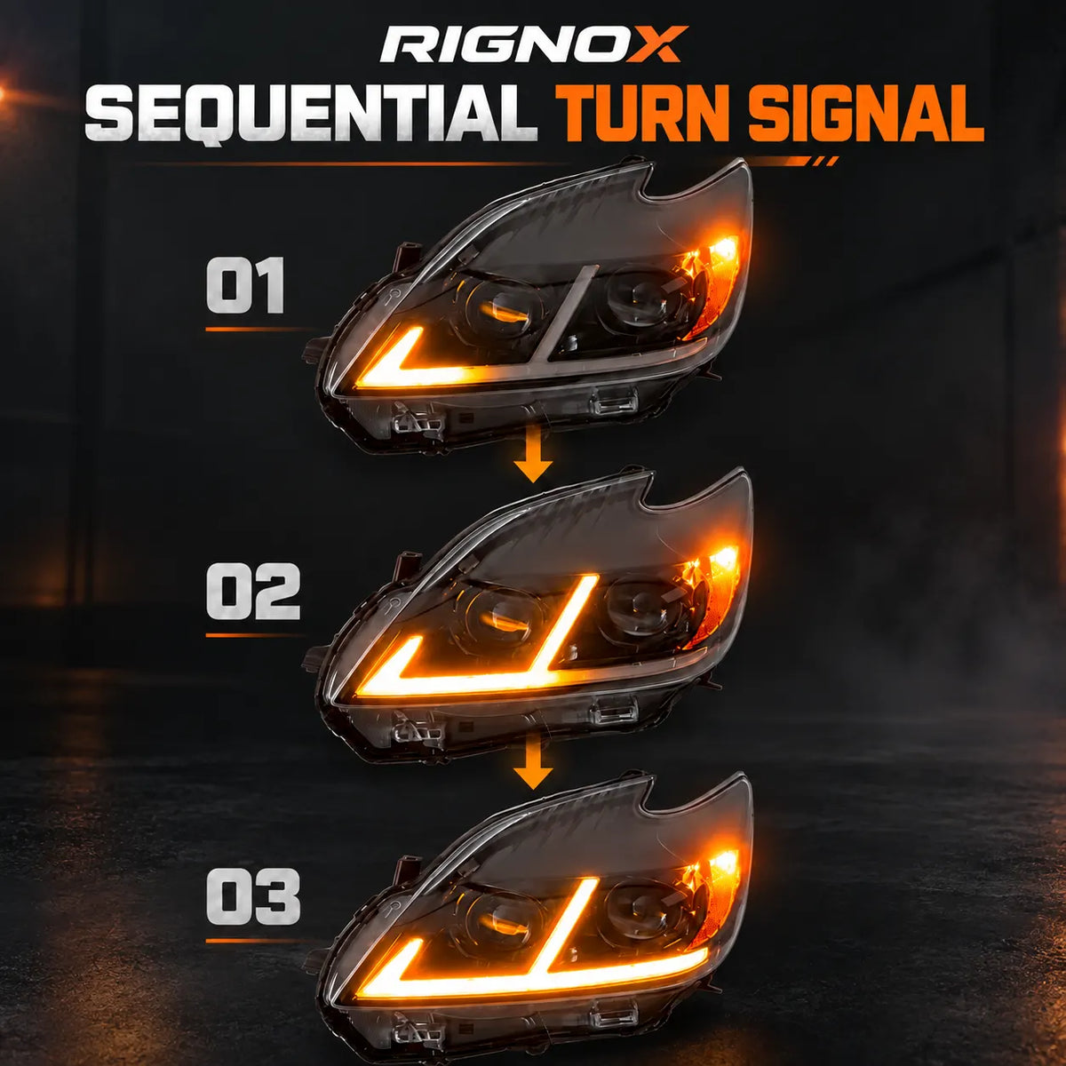 2012-2015 Toyota Prius (XW30) LED Projector Headlights Assembly — Pair — Sequential turn signal stages — H-PRI12-D