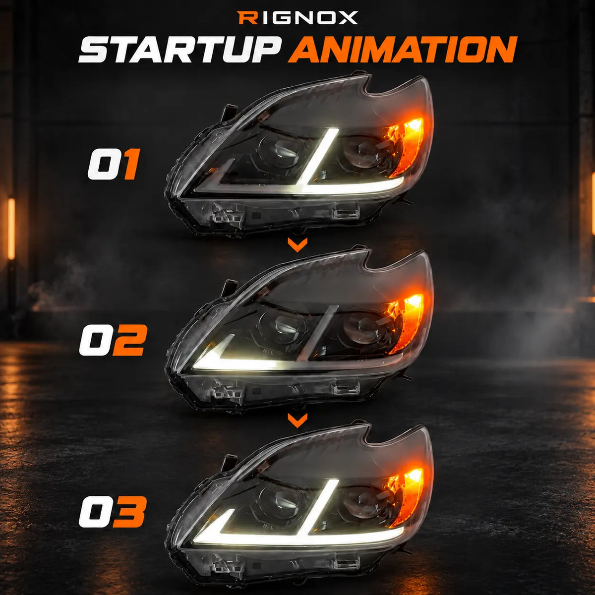 2012-2015 Toyota Prius (XW30) LED Projector Headlights Assembly — Pair — Startup animation stages — H-PRI12-D