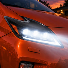 2012-2015 Toyota Prius (XW30) LED Projector Headlights Assembly — Pair — All lights on close-up — H-PRI12-T