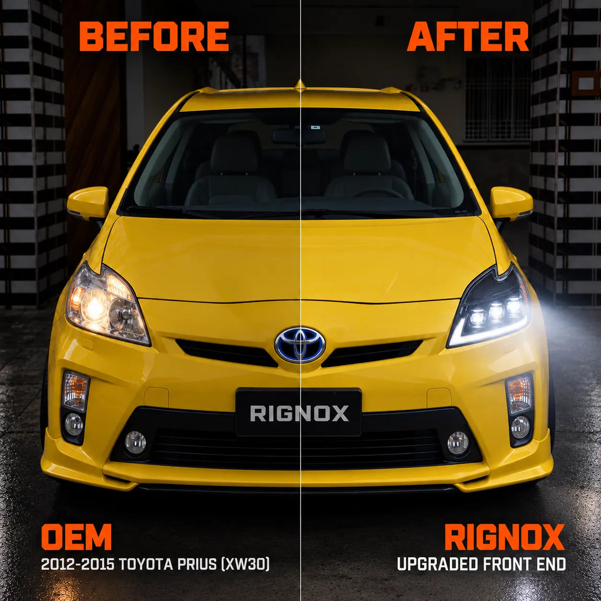 2012-2015 Toyota Prius (XW30) LED Projector Headlights Assembly — Pair — Before and after headlight comparison — H-PRI12-T