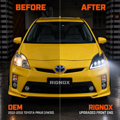 2012-2015 Toyota Prius (XW30) LED Projector Headlights Assembly — Pair — Before and after headlight comparison — H-PRI12-T