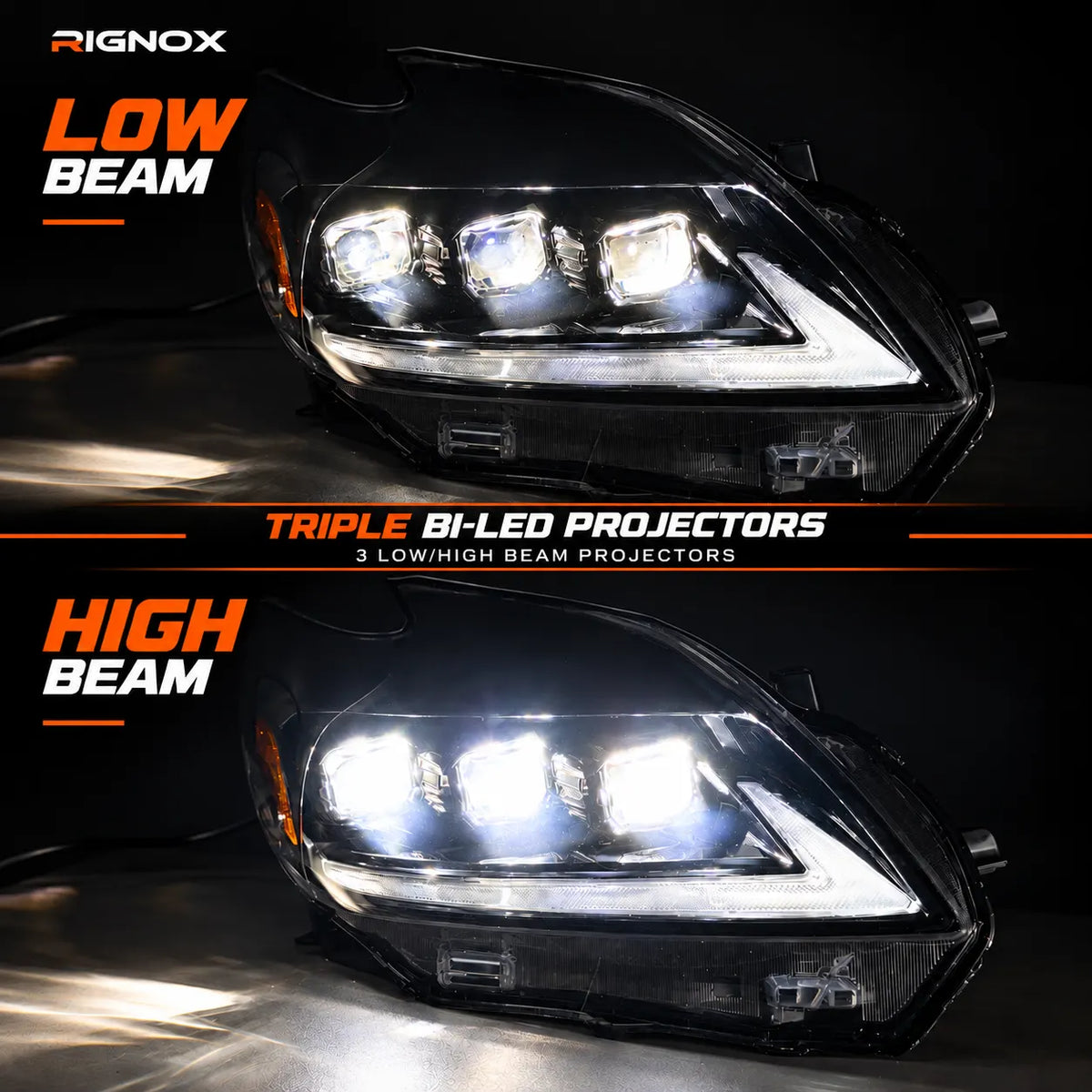 2012-2015 Toyota Prius (XW30) LED Projector Headlights Assembly — Pair — Low and high beam comparison — H-PRI12-T