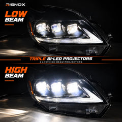 2012-2015 Toyota Prius (XW30) LED Projector Headlights Assembly — Pair — Low and high beam comparison — H-PRI12-T