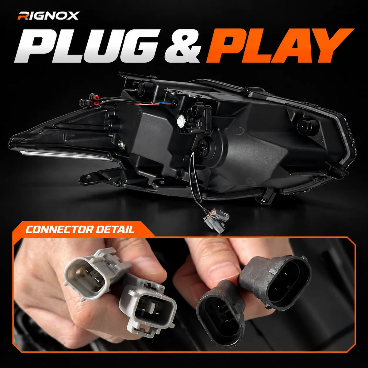2012-2015 Toyota Prius (XW30) LED Projector Headlights Assembly — Pair — Plug and play connector detail — H-PRI12-T