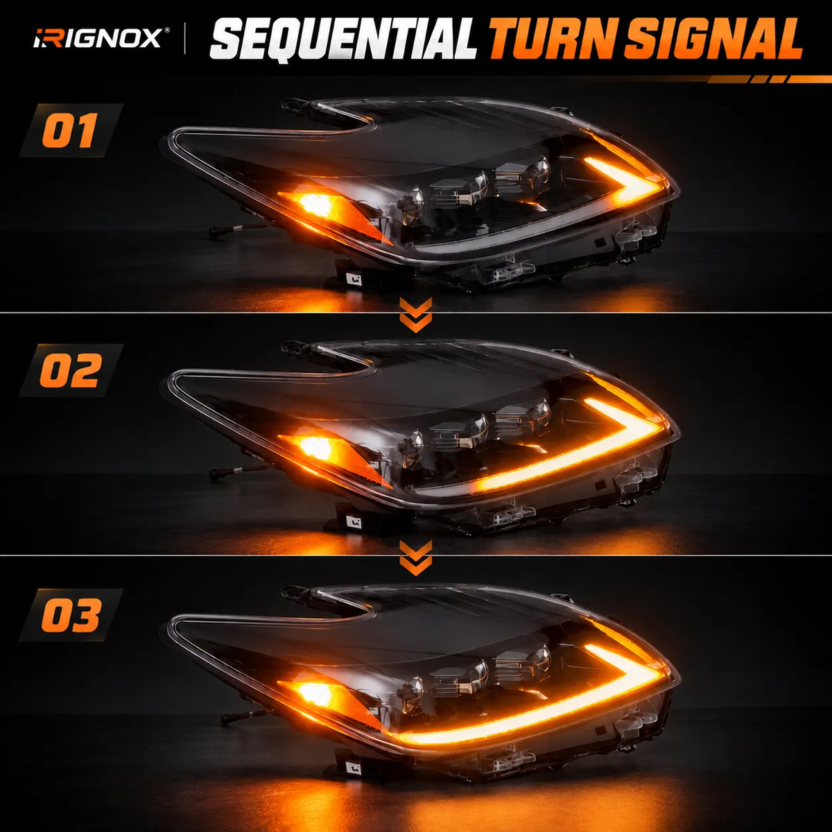 2012-2015 Toyota Prius (XW30) LED Projector Headlights Assembly — Pair — Sequential turn signal stages — H-PRI12-T