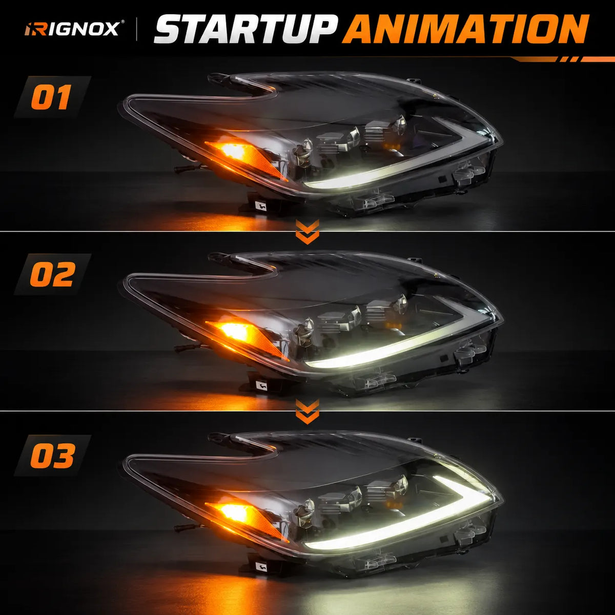 2012-2015 Toyota Prius (XW30) LED Projector Headlights Assembly — Pair — Startup animation stages — H-PRI12-T