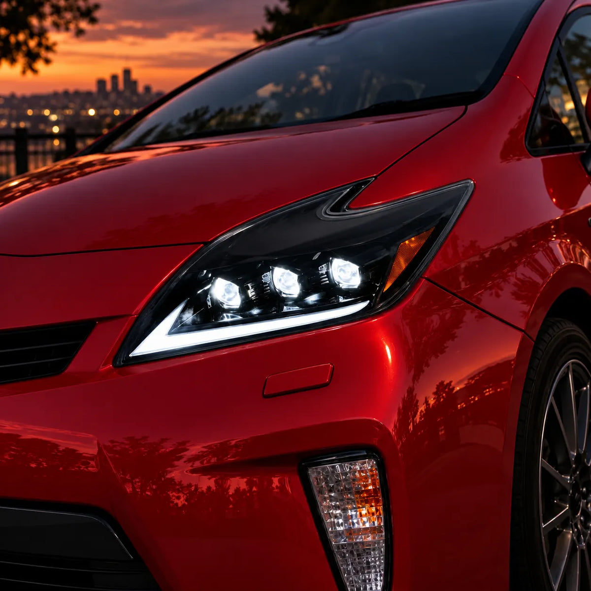 2012-2015 Toyota Prius (XW30) LED Projector Headlights Assembly — Pair — Headlight close-up at sunset — H-PRI12-T