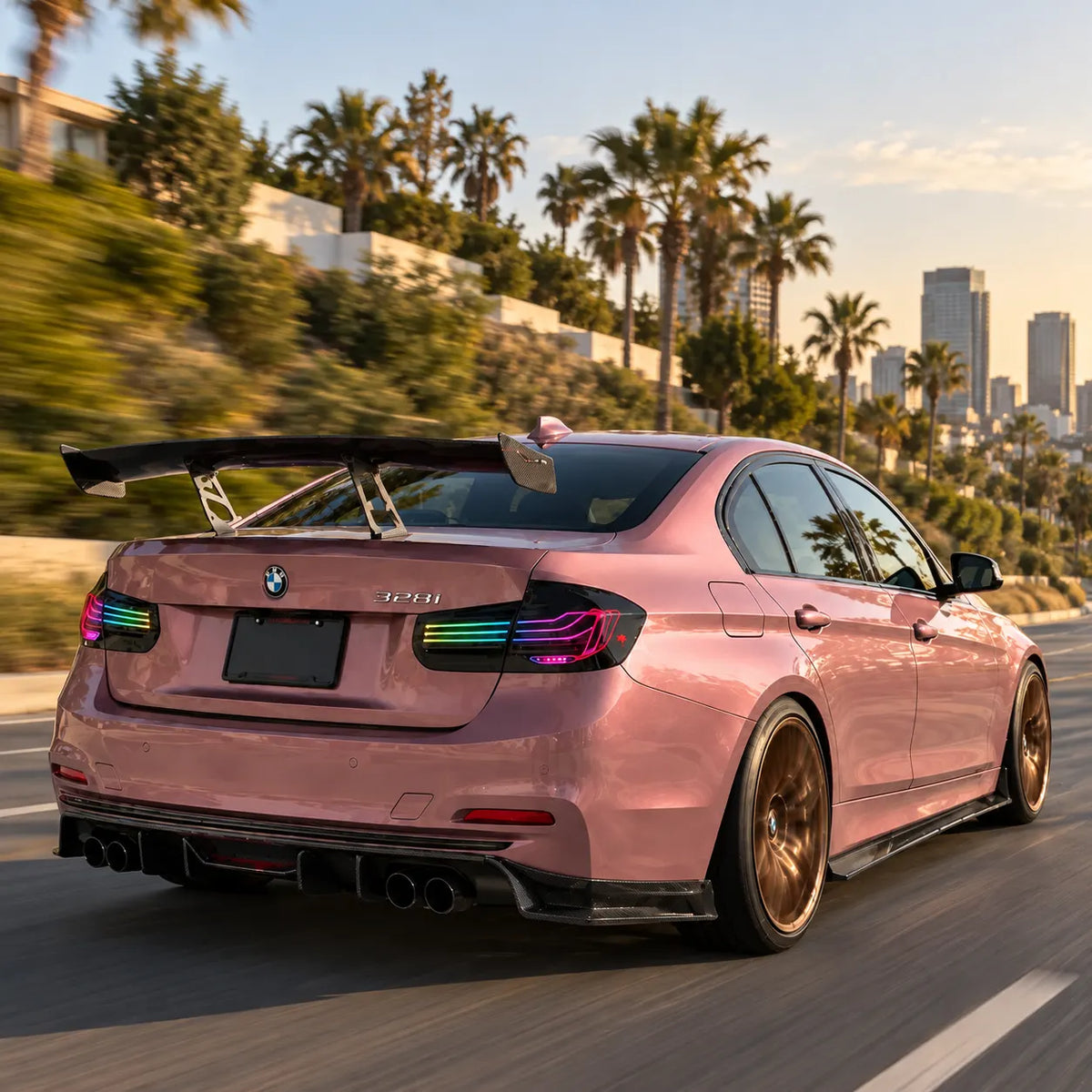 2012-2018 BMW 3 Series F30 / M3 F80 Sequential LED Tail Lights Assembly — 4-Piece Set — RGB tail lights driving at sunset — T-3F30-SRGB