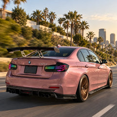 2012-2018 BMW 3 Series F30 / M3 F80 Sequential LED Tail Lights Assembly — 4-Piece Set — RGB tail lights driving at sunset — T-3F30-SRGB