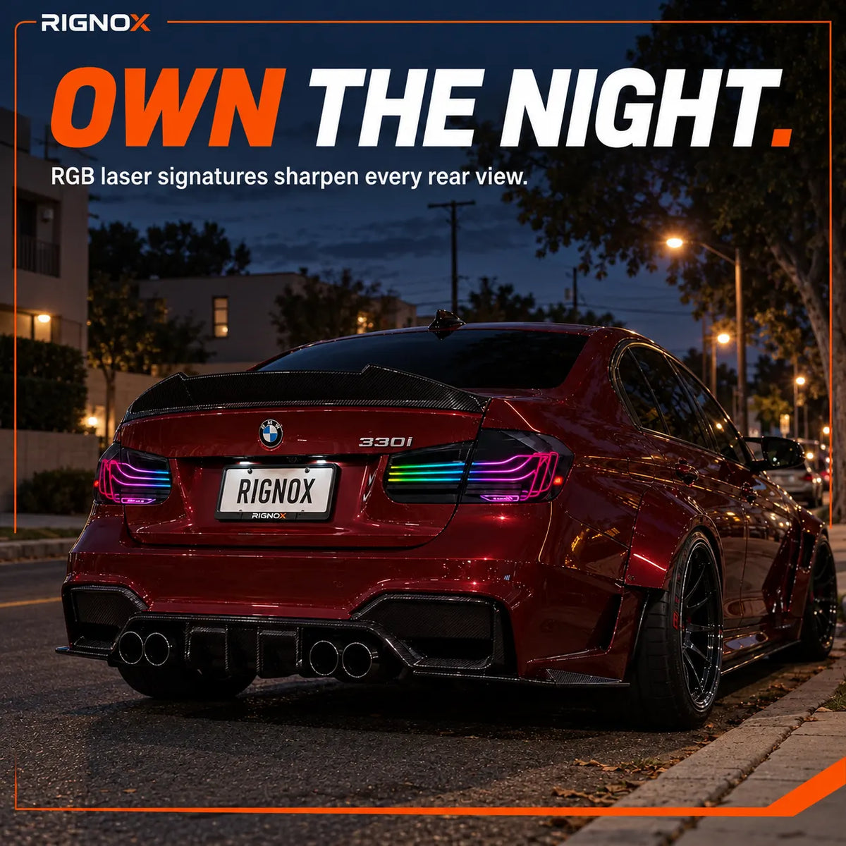 2012-2018 BMW 3 Series F30 / M3 F80 Sequential LED Tail Lights Assembly — 4-Piece Set — RGB tail lights parked at dusk — T-3F30-SRGB