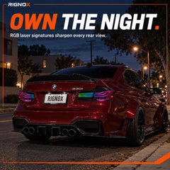 2012-2018 BMW 3 Series F30 / M3 F80 Sequential LED Tail Lights Assembly — 4-Piece Set — RGB tail lights parked at dusk — T-3F30-SRGB