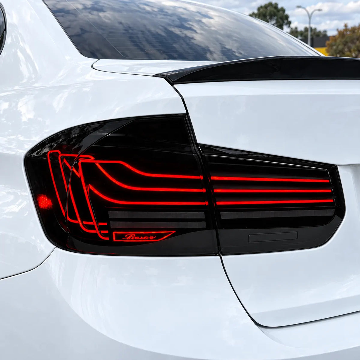 2012-2018 BMW 3 Series F30 / M3 F80 Sequential LED Tail Lights Assembly — 4-Piece Set — Illuminated Tail Light on White BMW — T-3F30-SW