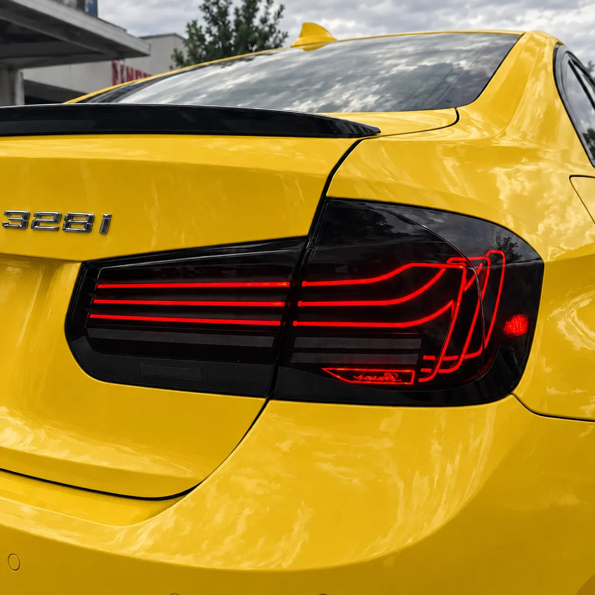 2012-2018 BMW 3 Series F30 / M3 F80 Sequential LED Tail Lights Assembly — 4-Piece Set — Illuminated Tail Light on Yellow BMW — T-3F30-SW