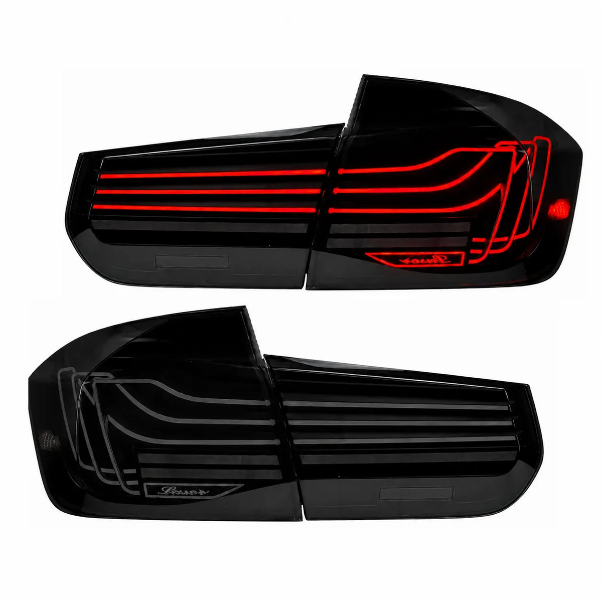 2012-2018 BMW 3 Series F30 / M3 F80 Sequential LED Tail Lights Assembly — 4-Piece Set — Smoked White Lights On and Off — T-3F30-SW