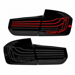 2012-2018 BMW 3 Series F30 / M3 F80 Sequential LED Tail Lights Assembly — 4-Piece Set — Smoked White Lights On and Off — T-3F30-SW