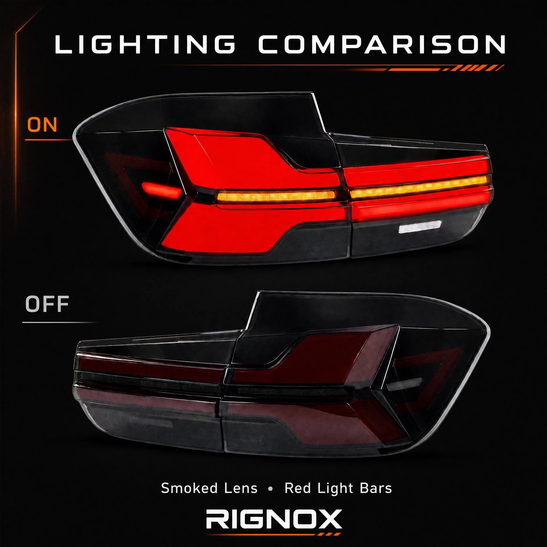 2012-2018 BMW 3 Series F30 / M3 F80 Sequential LED Tail Lights Assembly — on off comparison — T-3F30-Y-SR