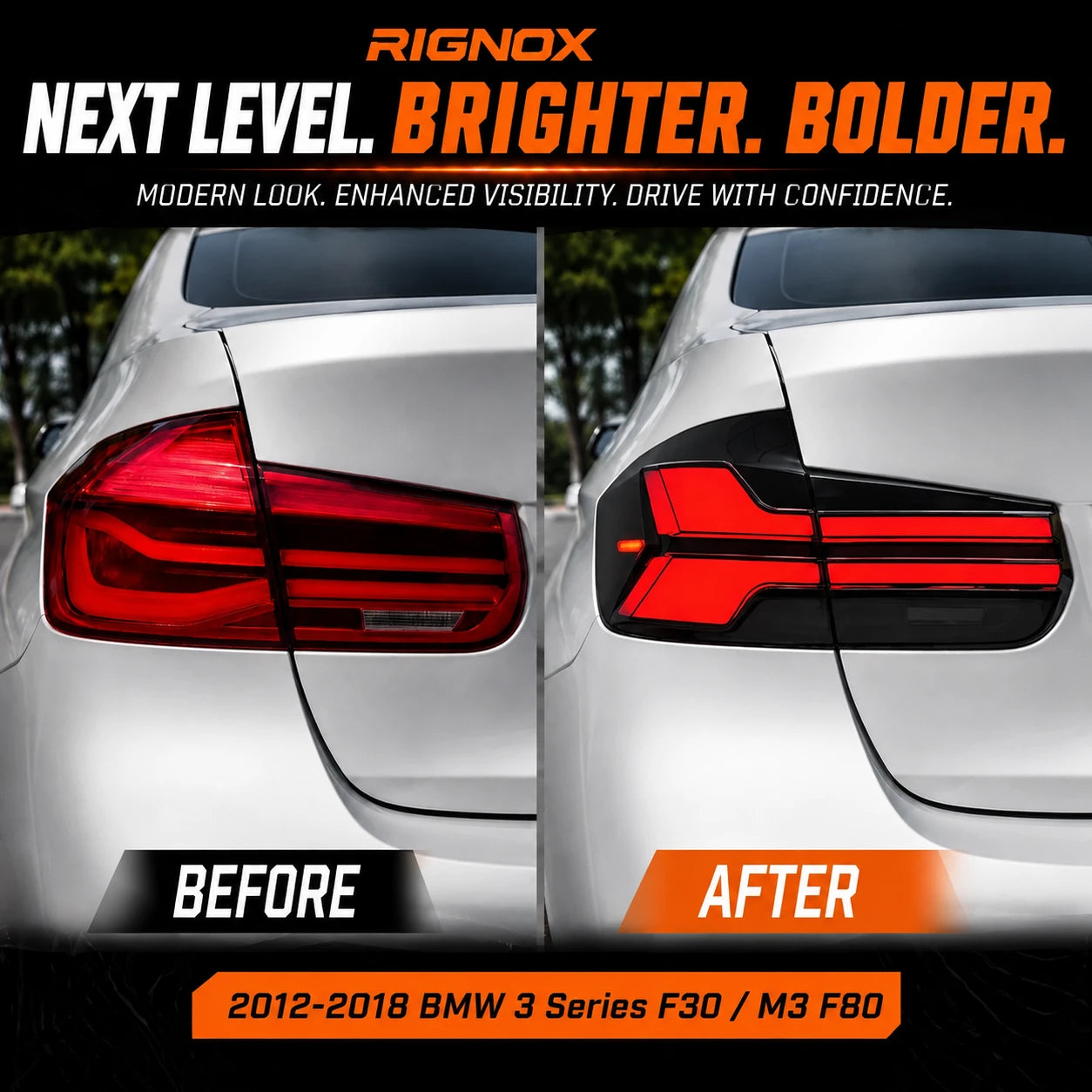 2012-2018 BMW 3 Series F30 / M3 F80 Sequential LED Tail Lights Assembly — upgrade comparison — T-3F30-Y-SR