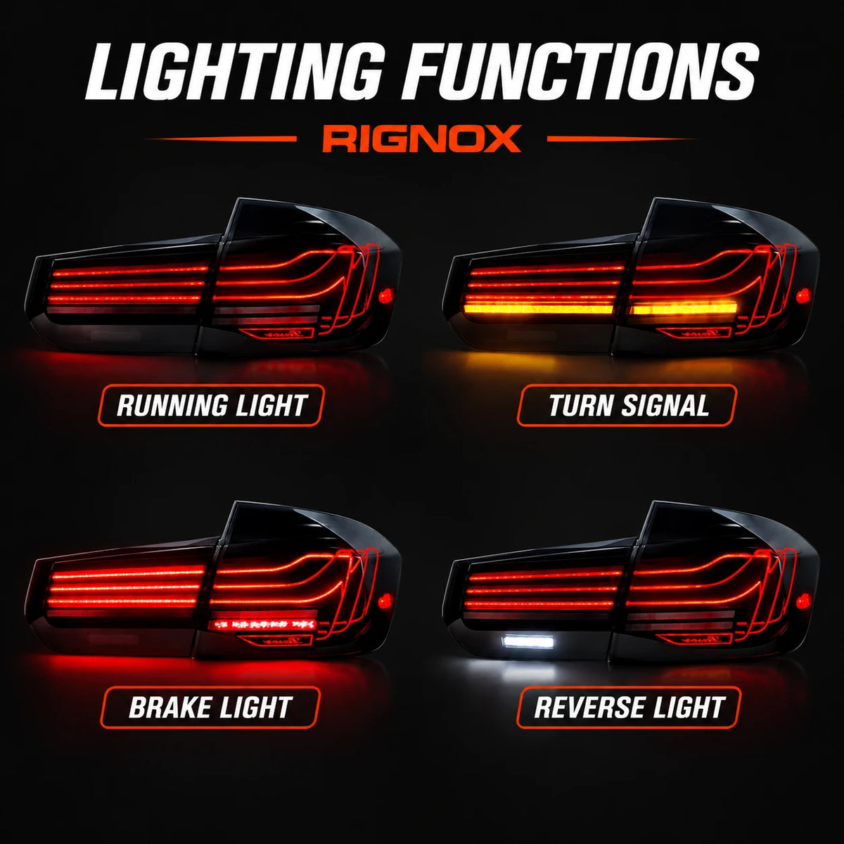 2012-2018 BMW 3 Series F30 Sequential Laser LED Tail Lights — lighting functions — T-3F30-SRGB