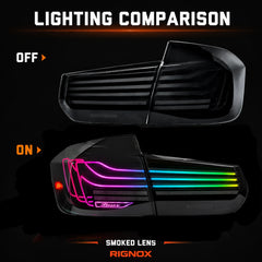 2012-2018 BMW 3 Series F30 Sequential Laser LED Tail Lights — lighting comparison — T-3F30-SRGB