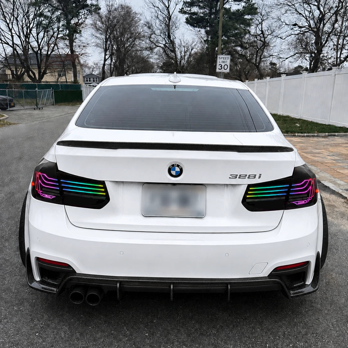 2012-2018 BMW 3 Series F30 Sequential Laser LED Tail Lights — parking in street — T-3F30-SRGB