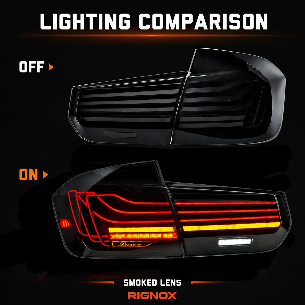 2012-2018 BMW 3 Series F30 Sequential Laser LED Tail Lights — lighting comparison — T-3F30-SW