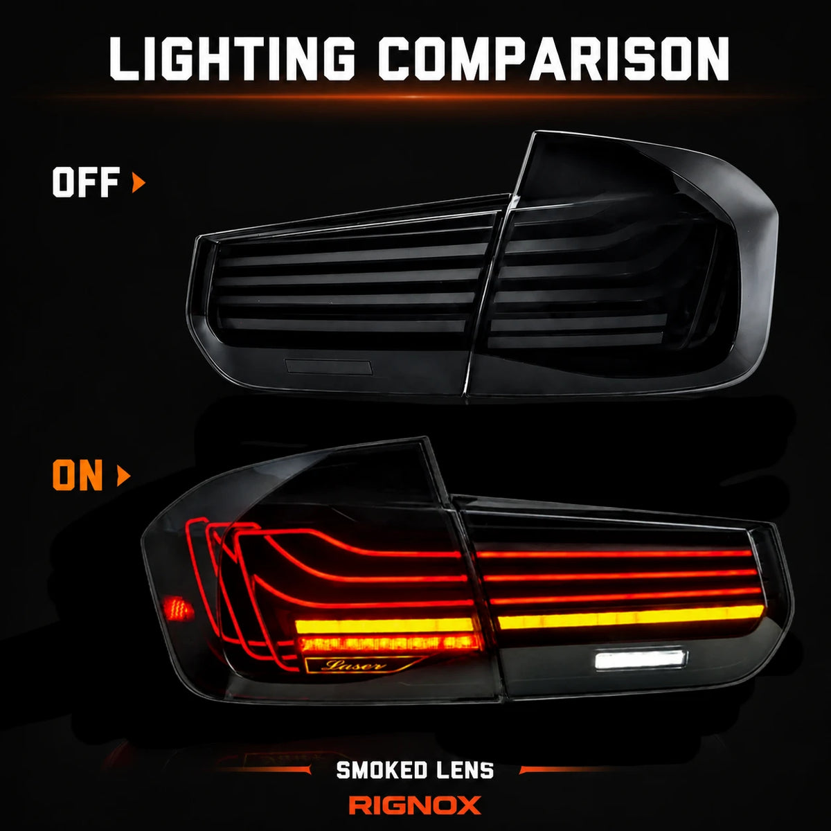 2012-2018 BMW 3 Series F30 Sequential Laser LED Tail Lights — lighting comparison — T-3F30-SW