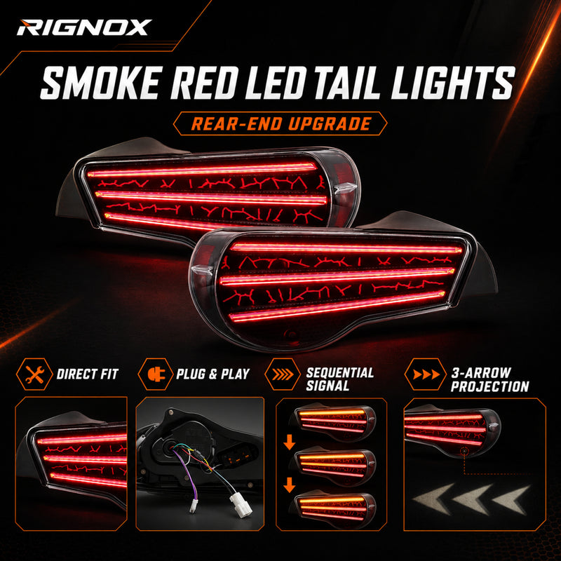 2012-2020 Toyota GT86 / Subaru BRZ / Scion FR-S Sequential LED Tail Lights — smoke red feature summary - T-GT86-SR