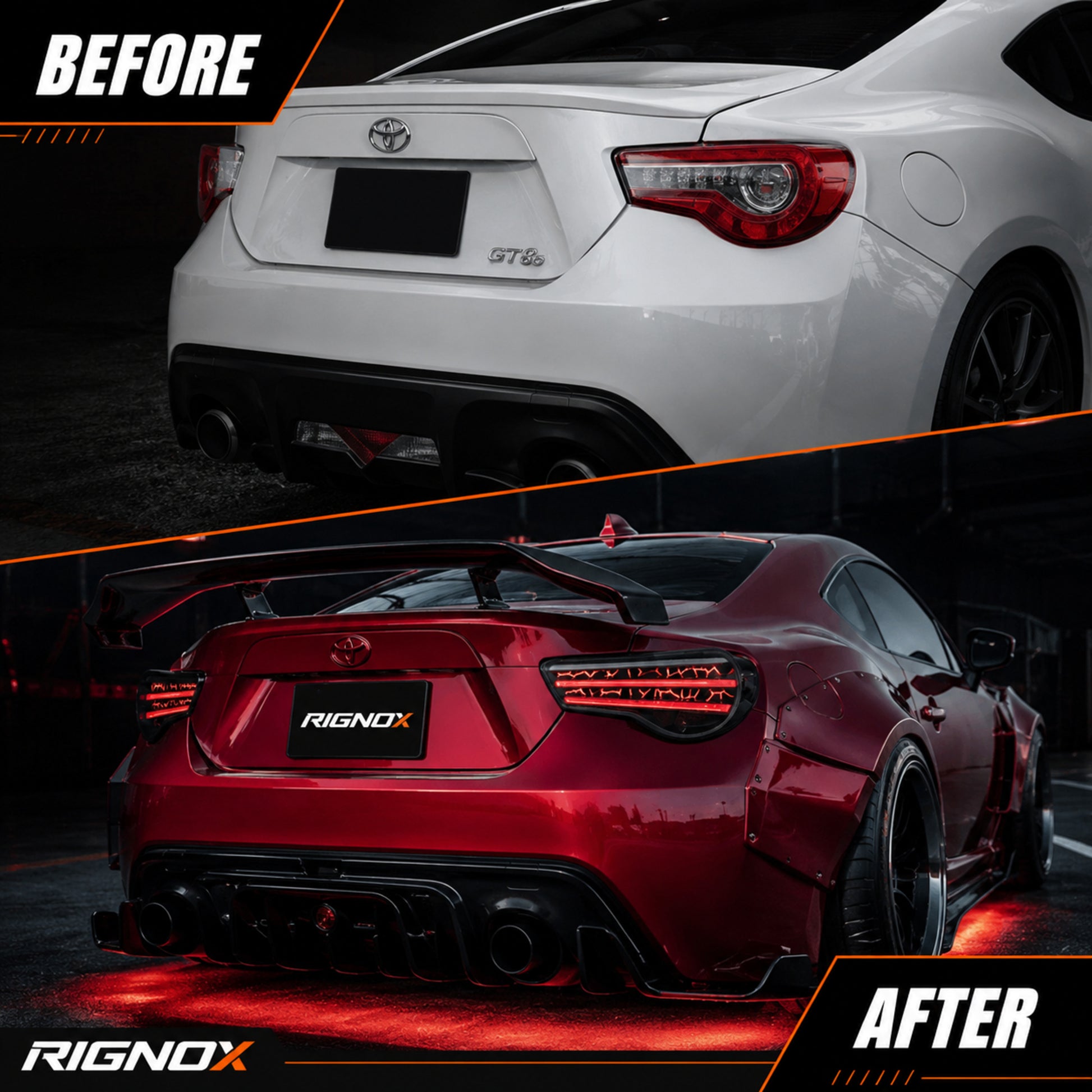 2012-2020 Toyota GT86 / Subaru BRZ / Scion FR-S Sequential LED Tail Lights — smoked white before after upgrade - T-GT86-SW
