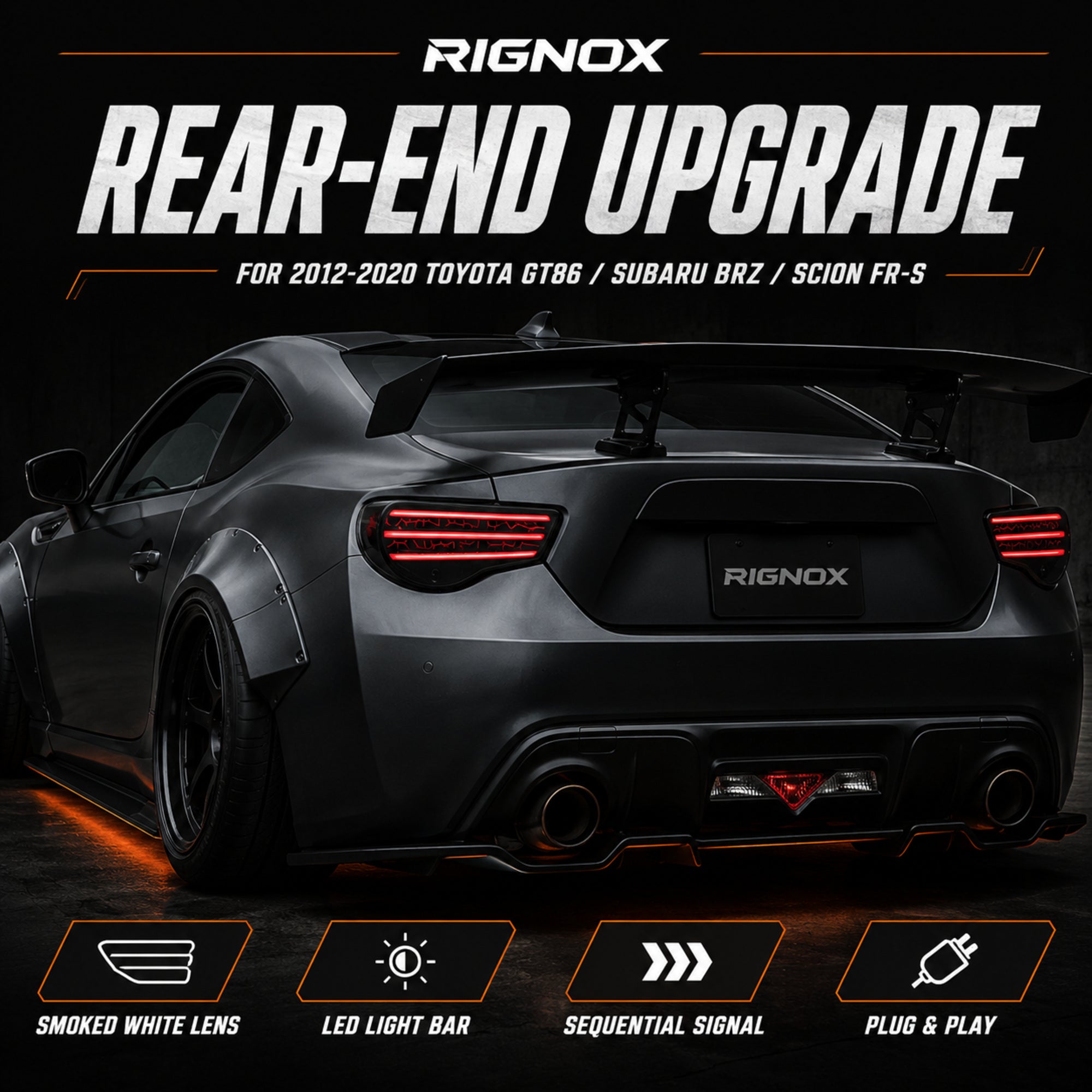 2012-2020 Toyota GT86 / Subaru BRZ / Scion FR-S Sequential LED Tail Lights — smoked white feature summary - T-GT86-SW