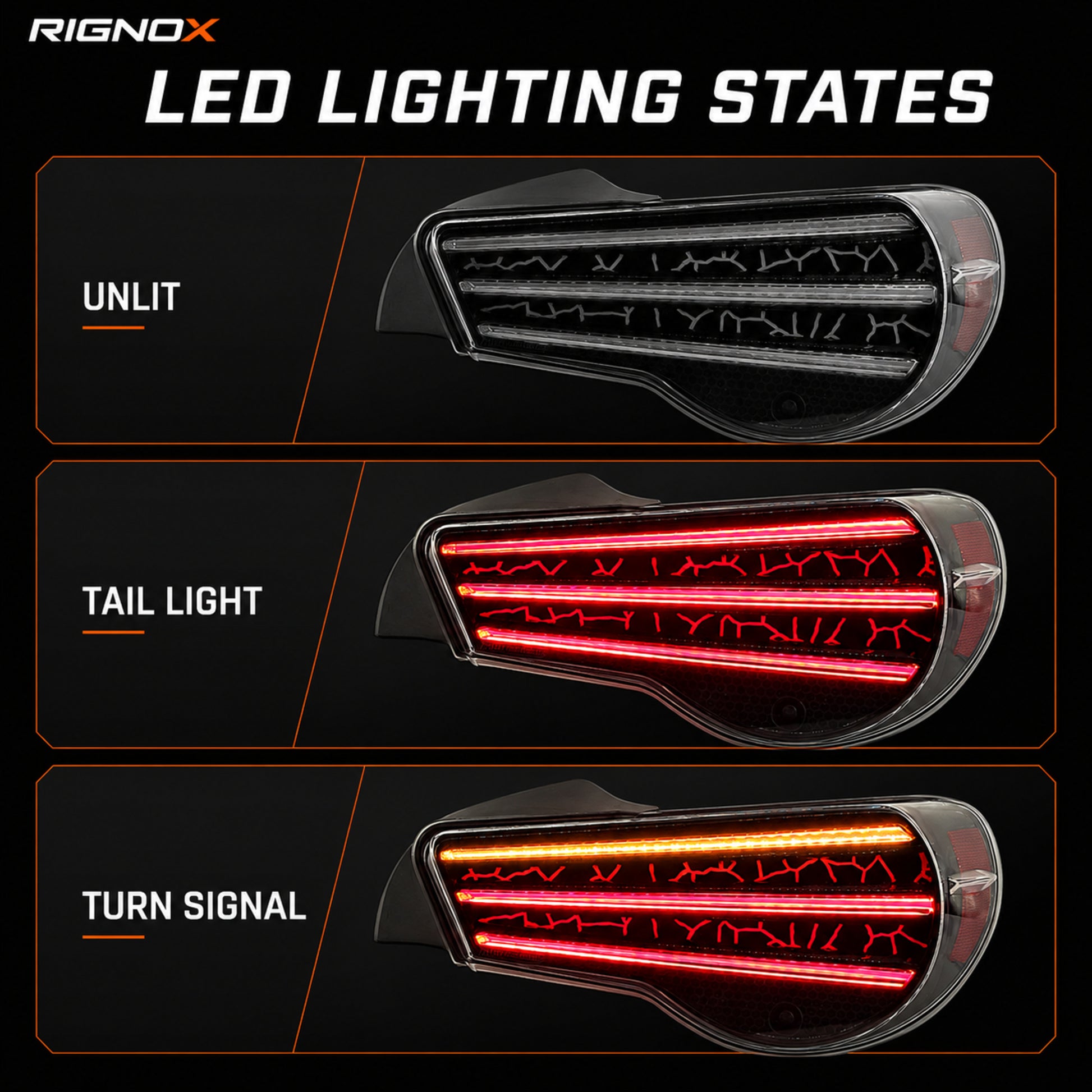 2012-2020 Toyota GT86 / Subaru BRZ / Scion FR-S Sequential LED Tail Lights — smoked white ledlighting states - T-GT86-SW