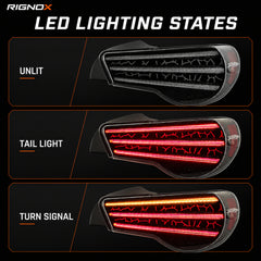 2012-2020 Toyota GT86 / Subaru BRZ / Scion FR-S Sequential LED Tail Lights — smoked white ledlighting states - T-GT86-SW