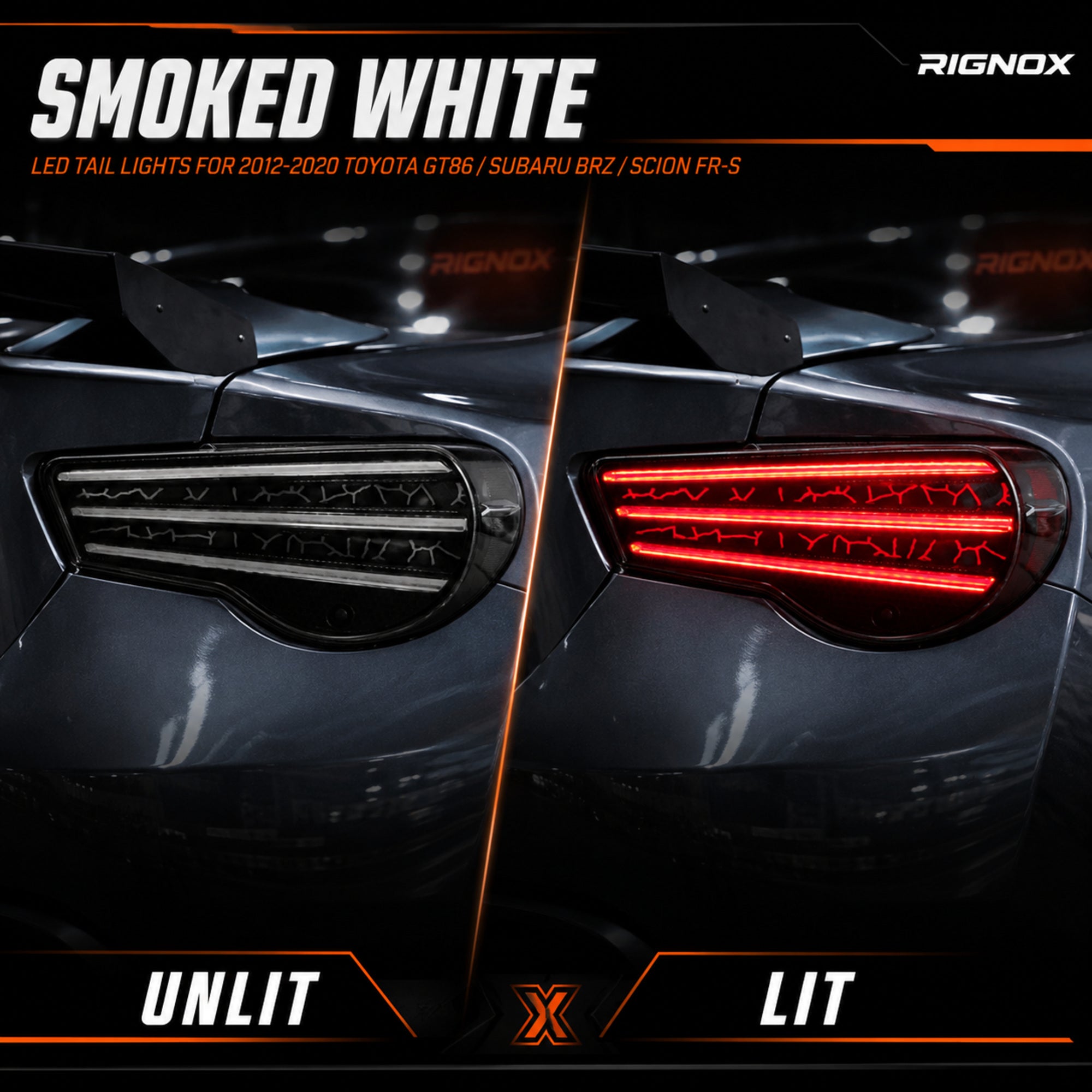 2012-2020 Toyota GT86 / Subaru BRZ / Scion FR-S Sequential LED Tail Lights — smoked white lit unlit comparison - T-GT86-SW