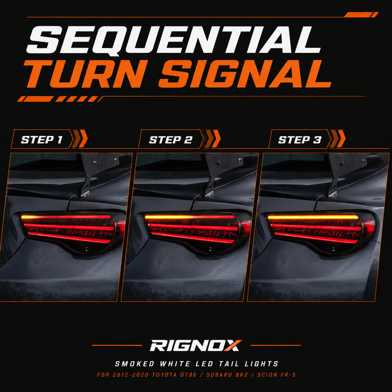 2012-2020 Toyota GT86 / Subaru BRZ / Scion FR-S Sequential LED Tail Lights — smoked white sequential turn signal - T-GT86-SRGB