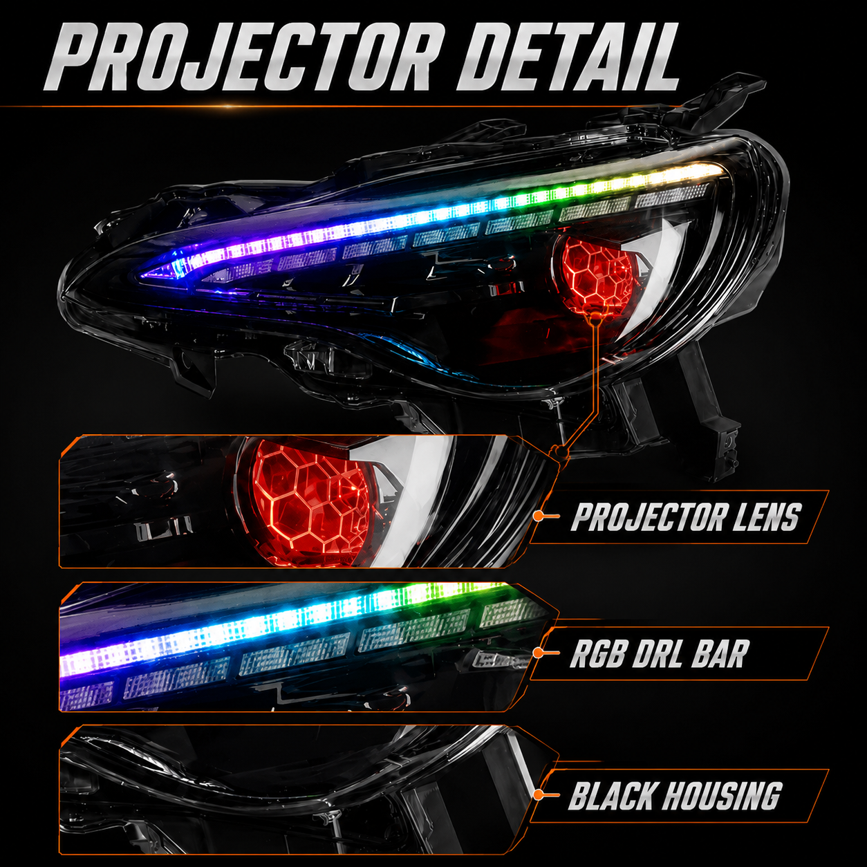 2012-2020 Toyota GT86 / Subaru BRZ / Scion FR-S LED Projector Headlights — RGB sequential detail — H-GT86