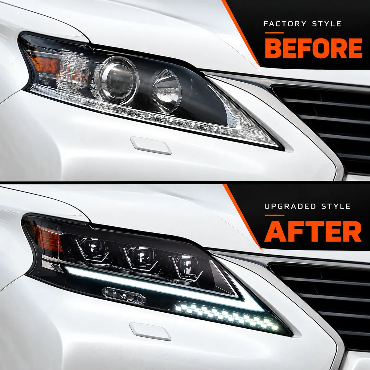 2013-2015 Lexus RX350 / RX450h LED Quad Projector Headlights Assembly — Pair — Factory versus upgraded headlights — H-RX13-4P