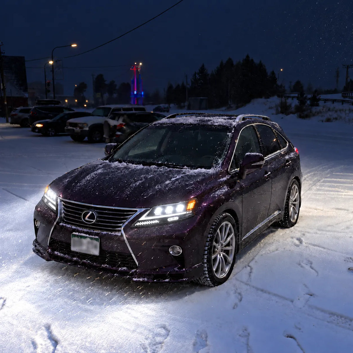 2013-2015 Lexus RX350 / RX450h LED Quad Projector Headlights Assembly — Pair — Headlights in snowy night setting — H-RX13-4P
