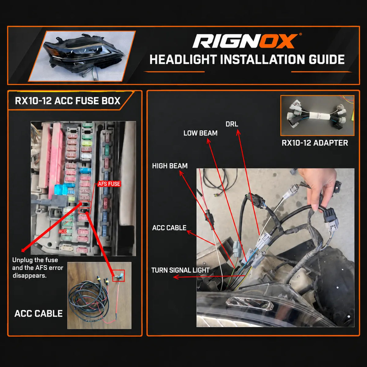 2013-2015 Lexus RX350 / RX450h LED Quad Projector Headlights Assembly — Pair — Installation and wiring guide — H-RX13-4P