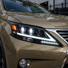 2013-2015 Lexus RX350 / RX450h LED Quad Projector Headlights Assembly — Pair — Low beam illuminated close-up — H-RX13-4P