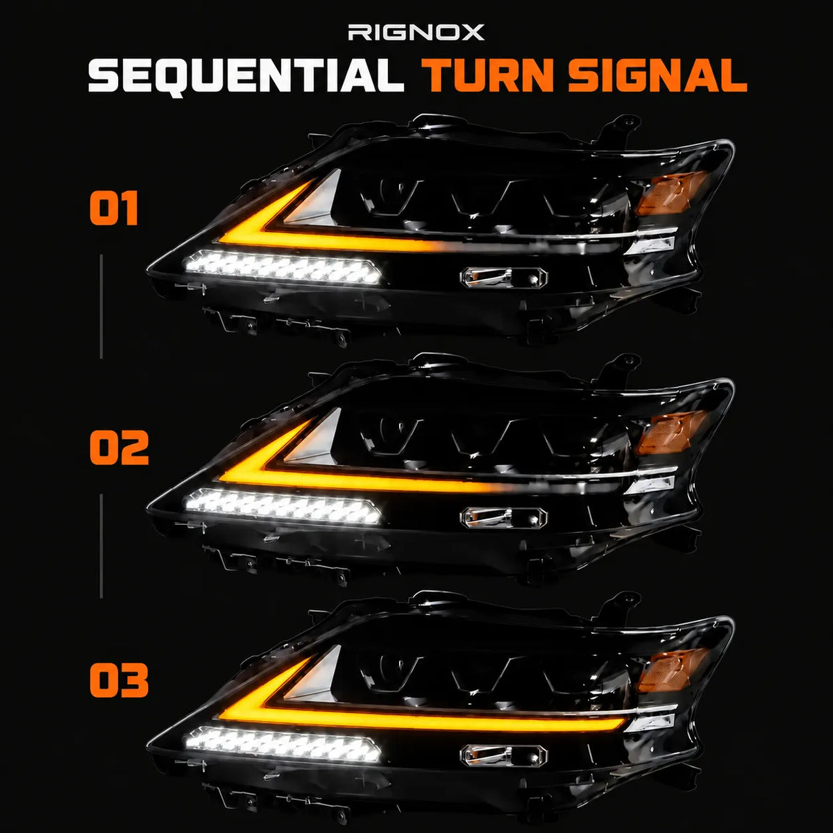 2013-2015 Lexus RX350 / RX450h LED Quad Projector Headlights Assembly — Pair — Sequential amber turn signal stages — H-RX13-4P