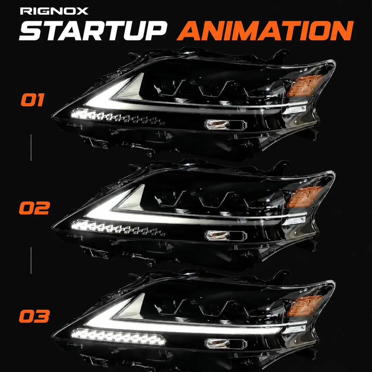 2013-2015 Lexus RX350 / RX450h LED Quad Projector Headlights Assembly — Pair — White startup animation stages — H-RX13-4P