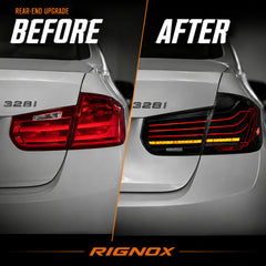 2013-2019 BMW 3 Series F30/F35 Sequential Laser LED Tail Lights — smoked white laser line before after upgrade - T-3F30-SW