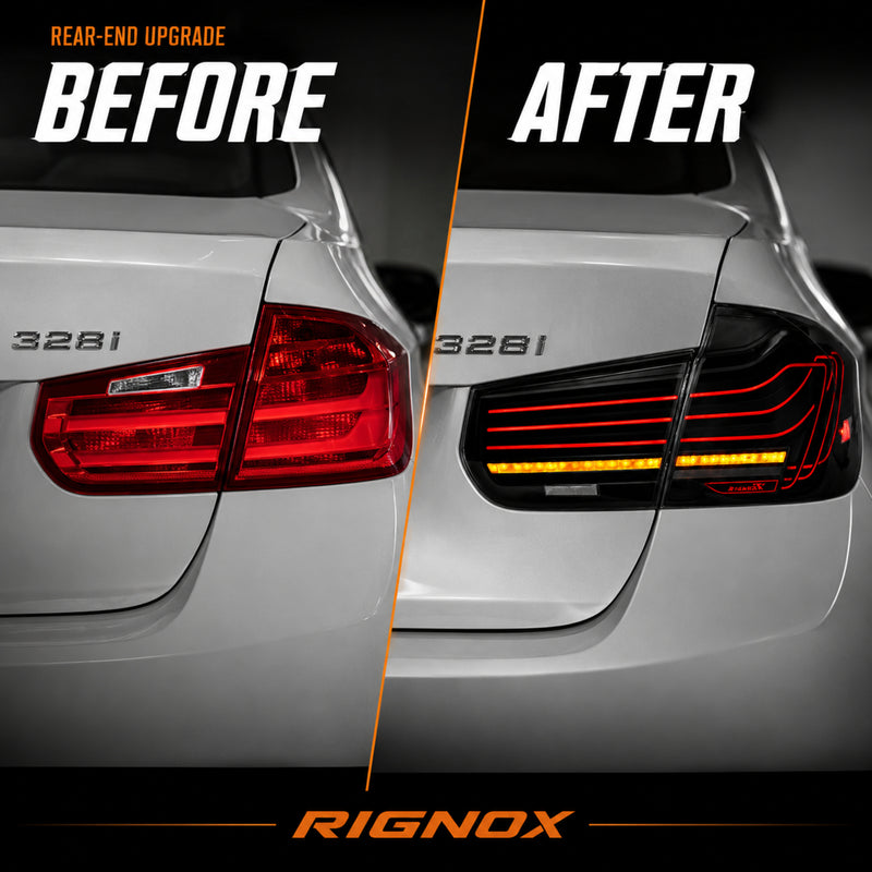 2013-2019 BMW 3 Series F30/F35 Sequential Laser LED Tail Lights — smoked white laser line before after upgrade - T-3F30-SW