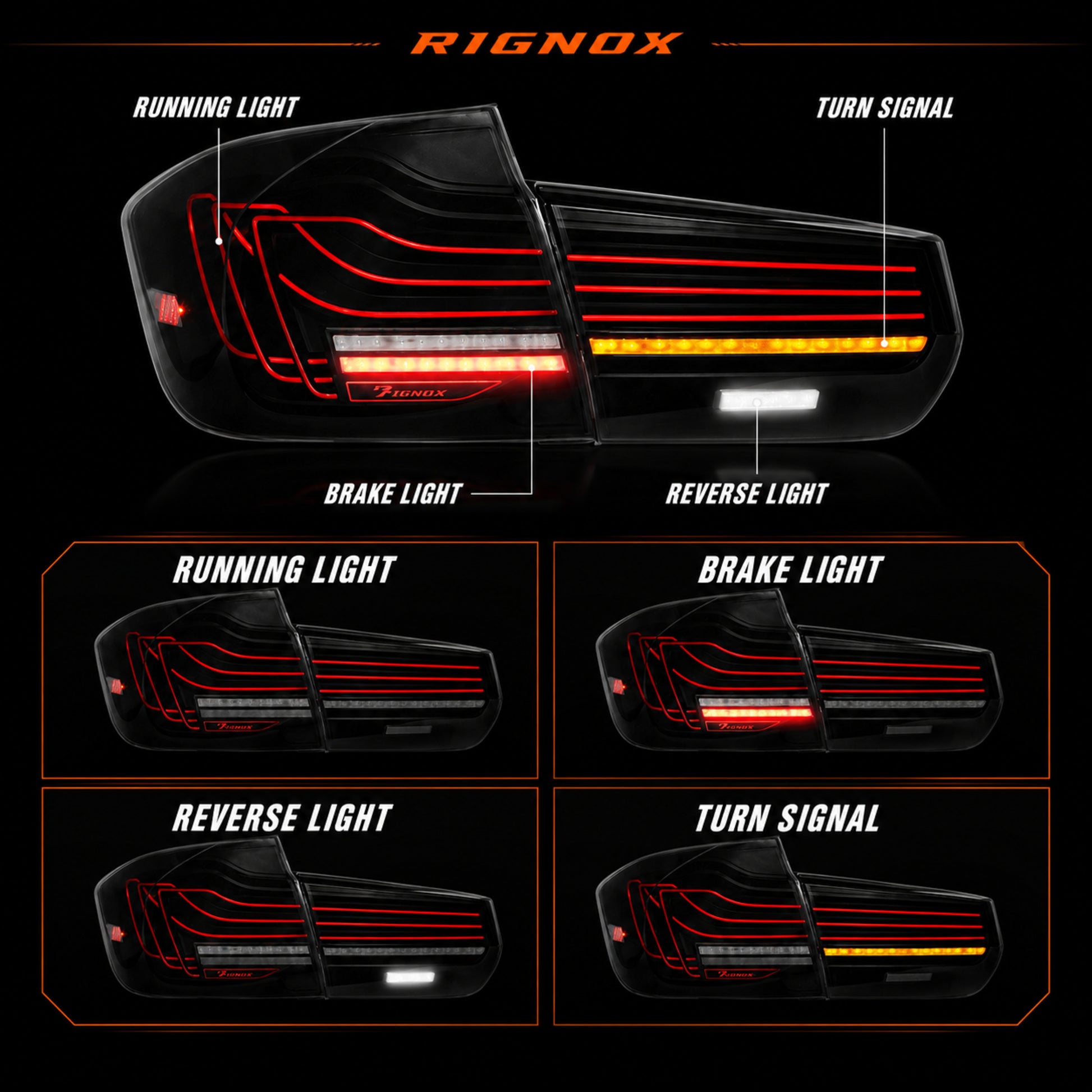 2013-2019 BMW 3 Series F30/F35 Sequential Laser LED Tail Lights — smoked white laser line light functions - T-3F30-SW