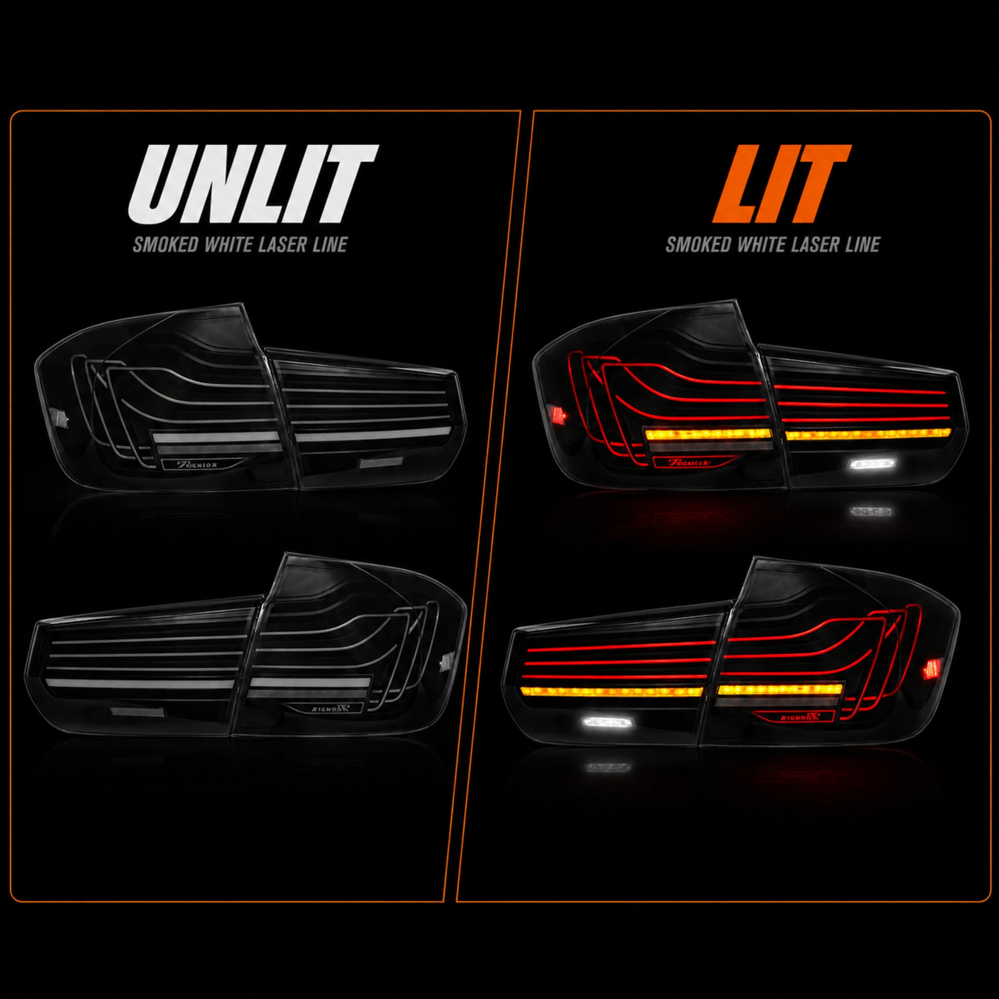 2013-2019 BMW 3 Series F30/F35 Sequential Laser LED Tail Lights — smoked white laser line lit unlit comparison - T-3F30-SW